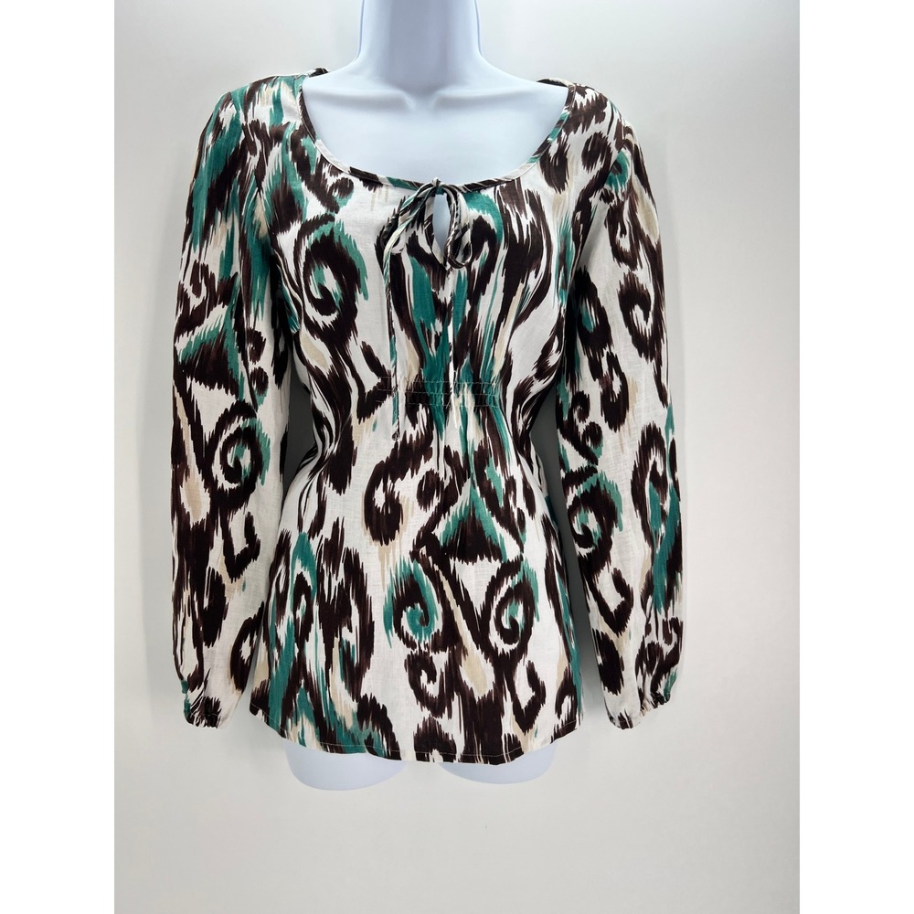 Style & Co Petite Womens 10P‎ 100% Linen Ikat Print Tunic Top Teal Brown Cream